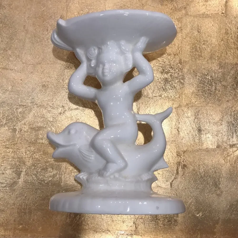 Glossy White Cherub, Dolphin Ceramic Soap Dish/Sponge‎ Holder